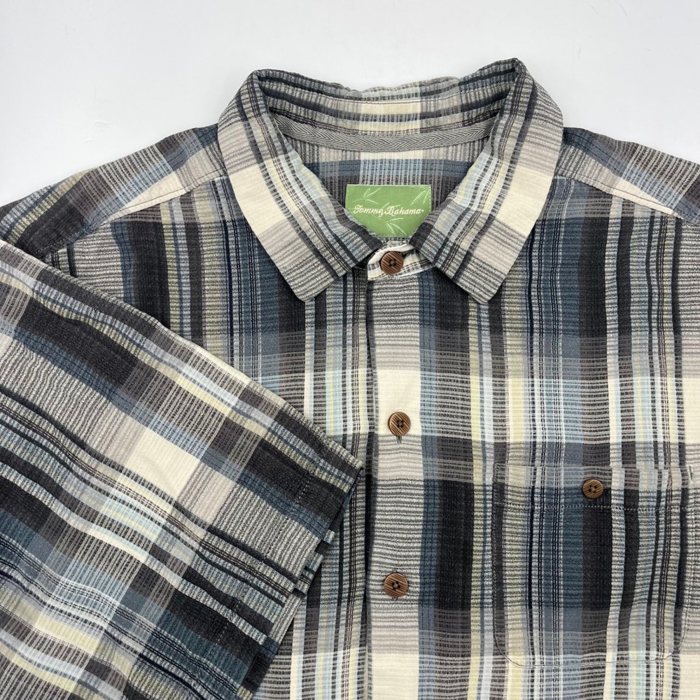 Tommy Bahama Mens XL 100% Silk Short Sleeve Button Up Shirt Plaid Casual Beach